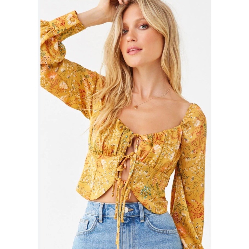 Forever 21 Floral Crop Blouse M Balloon Sleeves Cuff Wrist Western Boho Babydoll